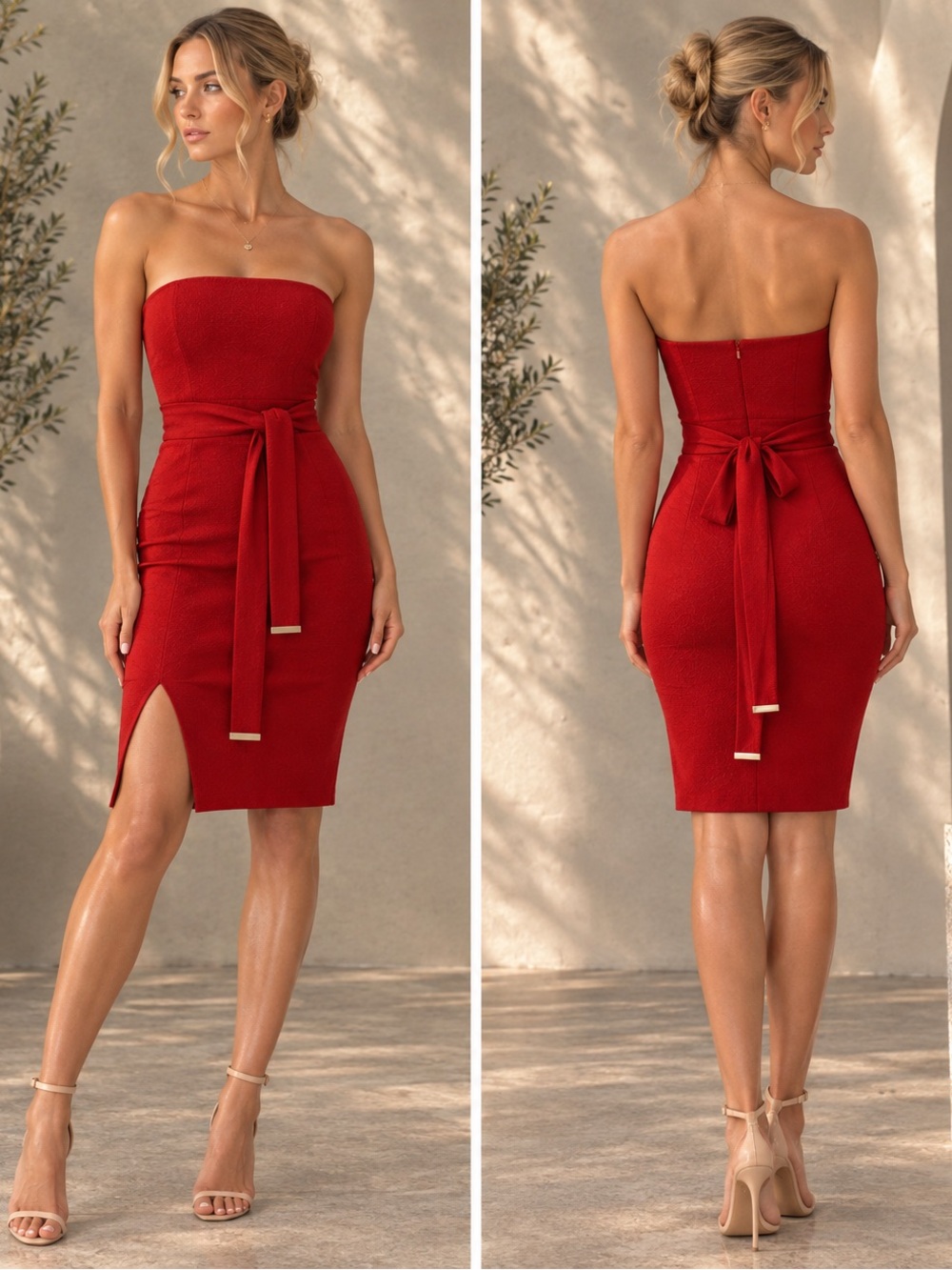 NWT Style State Red Strapless Bodycon Midi Dress with a front slit, Size XS